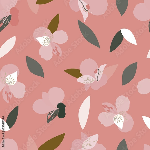Fototapeta Vector seamless pattern with flowers in a pink background.