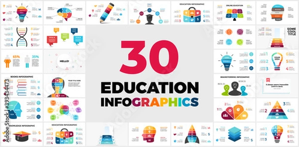 Fototapeta 30 Educational Infographics. Presentation template. Includes creative elements such as light bulb for your idea, human head and brain to show thinking and learning processes etc.