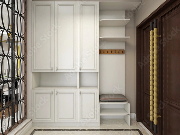 Fototapeta clean and tidy modern living room design, entrance with shoe cabinet, sofa, TV, table, leisure chair and other facilities