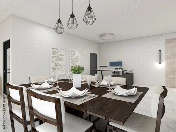 Fototapeta spacious dining room design next to the modern kitchen, with a beautiful dining table and greenery