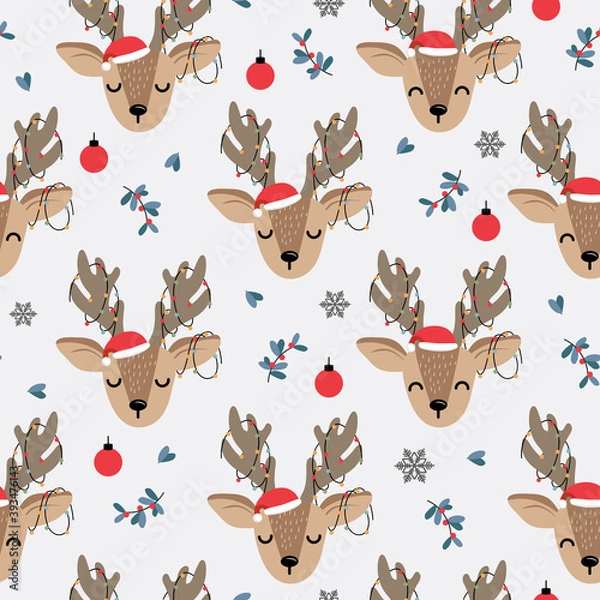 Fototapeta Christmas seamless pattern with reindeer background, Winter pattern with deer and decoration lights, wrapping paper, winter greetings, web page background, Christmas and New Year greeting cards