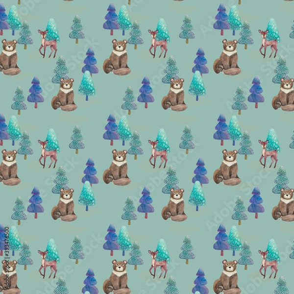 Fototapeta Animalistic pattern, ornament. Seamless pattern.Watercolor characters: bear, deer. Cozy funny background for toddlers, children. Wild animals walk in the fir forest