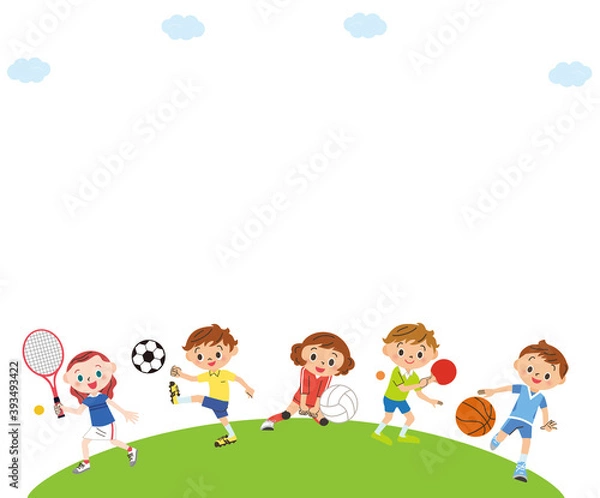 Obraz 丘の上で色々なスポーツをする子供達
