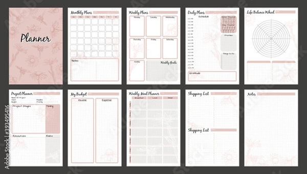 Obraz Vector planner pages templates. Daily, weekly, monthly, project, budjet and meal planners. Pink nude floral design.