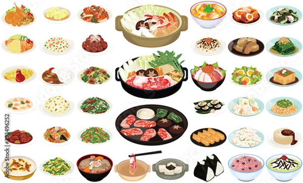 Obraz 人気の家庭料理イラスト②（すき焼き、焼肉、カレーライス、豚汁、おにぎり）