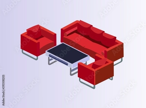 Obraz Vector of red sofa set with black table on grey background