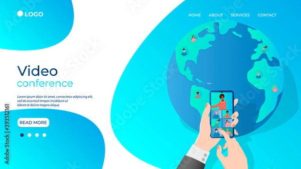 Fototapeta A businessman conducts an online video conference using a smartphone.Hands of a person with a smartphone on the background of the planet Earth.modern technologies of remote work and freelancing.Flat v