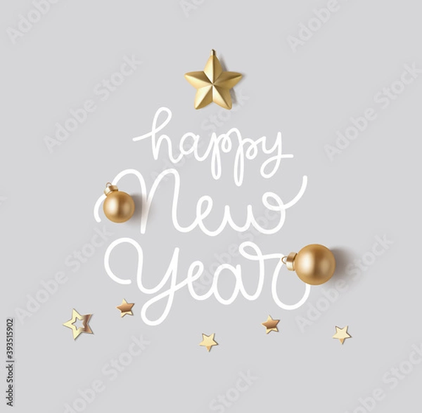 Obraz Christmas winter design with decorative gold balls and golden stars. Happy New Year lettering. Flat lay. Vector stock illustration