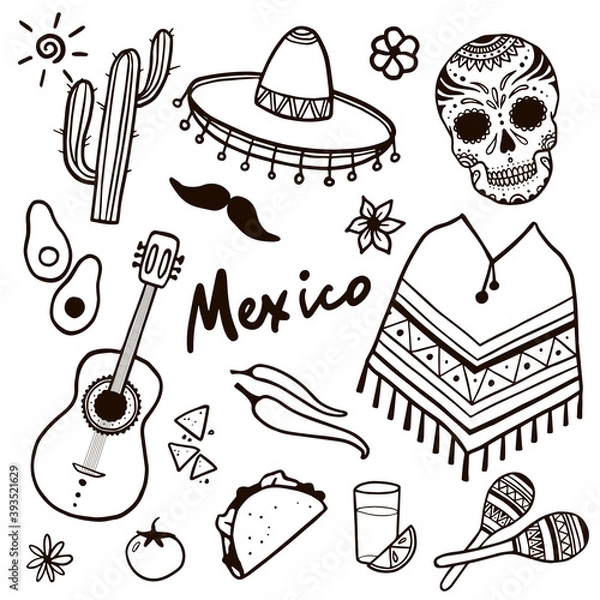 Obraz Vector set of mexican national things. Doodle sketch style. Mexico set. 