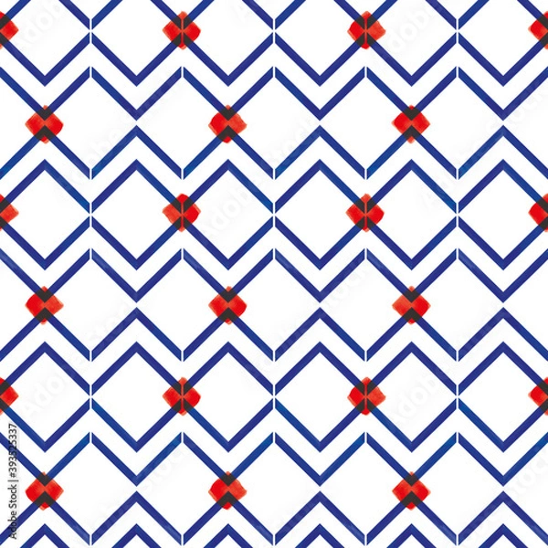 Obraz Vector blue zigzag lines red karo seamless pattern