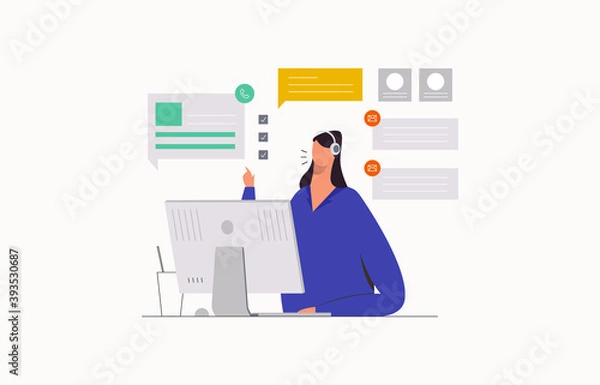 Fototapeta Customer service concept. Operator with headset doing live feedback. Online user or client support centre. Flat vector illustration