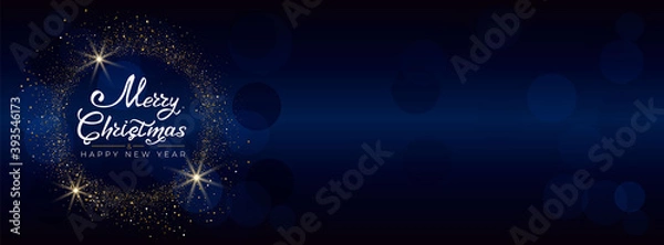 Obraz Merry Christmas and Happy New Year 2021. Greeting card with hand drawn lettering gold glittering round on blue background. For cover social network, invitations, banner, poster. Vector illustration.