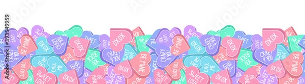 Fototapeta Cute vector seamless pattern with conversation hearts. Saint Valentines Day sweethearts repeatable frame.