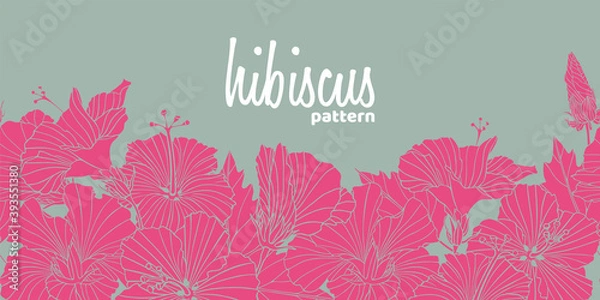 Fototapeta Pattern with flowers of hibiscus. Horizontal banner with red blossoms on a gray and place for text. Linear texture. A drawing with ink contours of hibiscus. Tropical trendy exotic floral background.