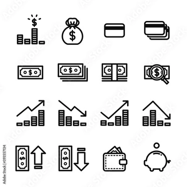 Obraz Finance vector icon set, simple flat thin line style. Signage for business, bank or financial statement. Contained money, bills, coins, credit cards, wallet, piggy bank, charts and graphs.