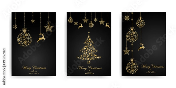 Fototapeta Pack of greeting cards with Christmas  ball, christmas tree and dear made from gold snowflakes on black background. Holiday pattern. Vector illustratio