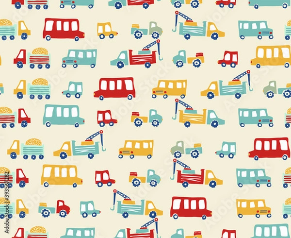 Fototapeta Seamless vector pattern with hand drawn cars driving along the city road. Trucks and cars for boys. children's print for clothes and souvenirs. Digtle transport illustration