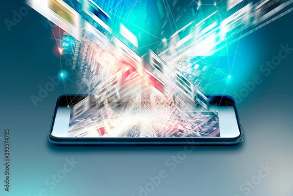 Fototapeta Metaverse, Encrypted mobile data from a smartphone, 5G, steaming service mobile internet web communication security and safety business commercial concept: black glossy touchscreen smartphone 