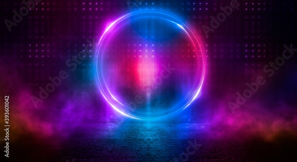 Fototapeta Dark abstract background. Neon light circle figure. Reflection of neon light on the water. 