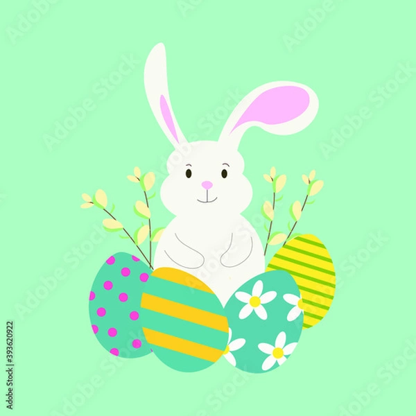 Fototapeta vector pastel branch easter bunny portrait with eggs, willow isolated on blue. Cute illustration. Design for postcard, card, poster, banner, textile, print, pattern