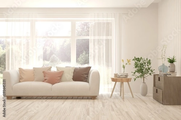 Fototapeta White living room with sofa and summer landscape in window. Scandinavian interior design. 3D illustration