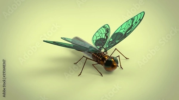 Fototapeta Steampunk green cooper and glass butterfly 3d model rendering illustration on green background