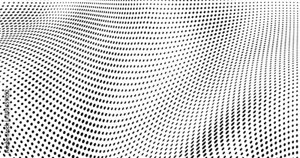 Fototapeta The halftone texture is monochrome. A wave of dots. Abstract black and white texture. Ink dots randomly placed on a white background. Pop art texture for printing on wrapping paper, business cards