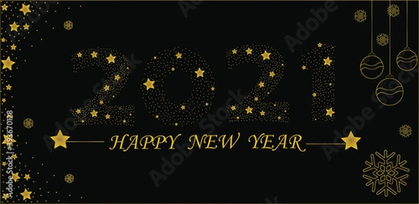 Fototapeta Tarjeta, folleto de felicitación para el nuevo año 2021, fondo negro, con decoración en color dorado