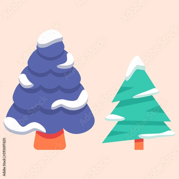 Obraz Snowed spruce trees on pale beige backdrop. Christmas holiday postcard for invitation or gift card, notebook, bath tile, scrapbook. Phone case or cloth print. Flat style stock vector illustration