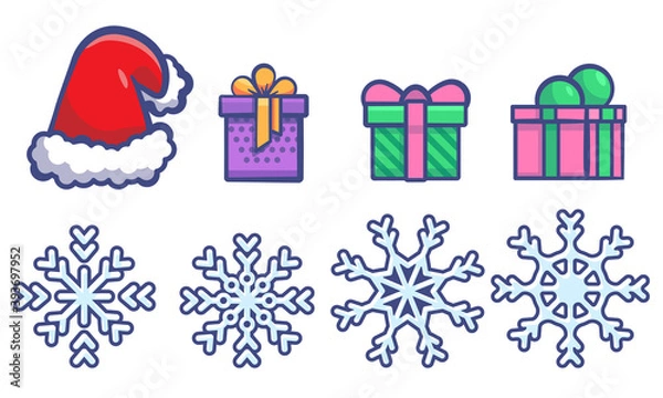 Obraz Snowflake, hat, gifts on white isolated backdrop. Christmas holiday symbols for invitation or gift card, notebook, bath tile, scrapbook. Phone case or cloth print. Flat style stock vector illustration