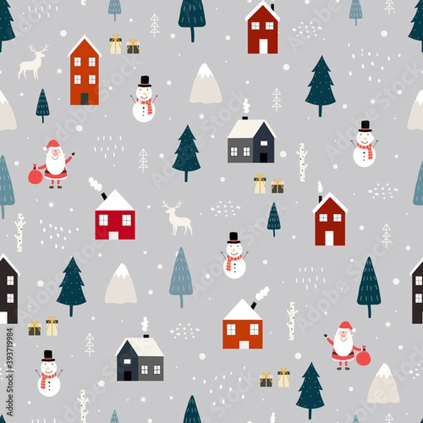 Obraz Seamless pattern Christmas background has Santa claus with house in snow and christmas tree Hand drawn design in cartoon style, use for print, celebration wallpaper, textile. Vector illustration