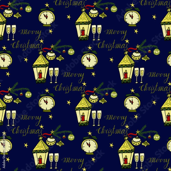 Fototapeta Christmas seamless pattern: lantern, tree branch, clock, inscription merry Сhristmas on a dark background for creating prints, invitations, cards and more