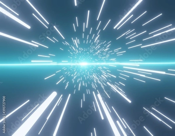 Fototapeta 水色の光に進むワープのイメージ素材、3Dレンダリング