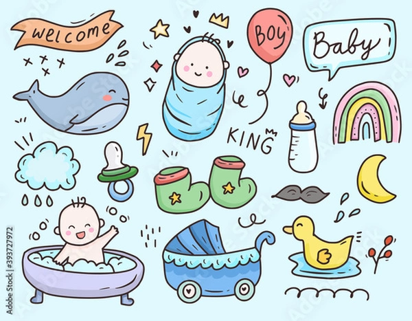 Obraz Baby boy shower party cartoon icon doodle drawing collection vector set