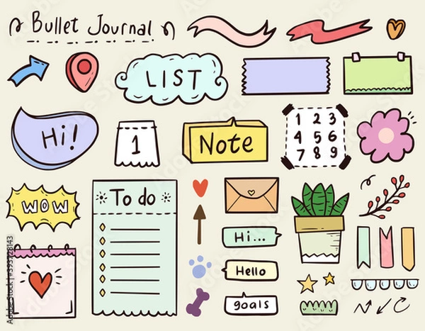 Fototapeta Cute bullet journal notes paper and ornament collection set in colorful style