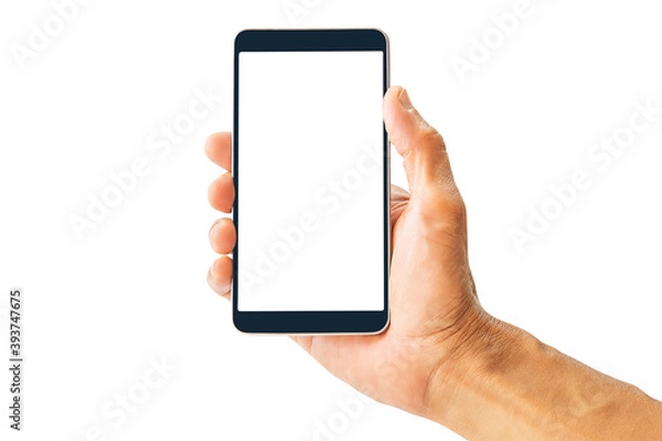 Fototapeta Hand holding white screen mobile phone isolated on white background with clipping path
