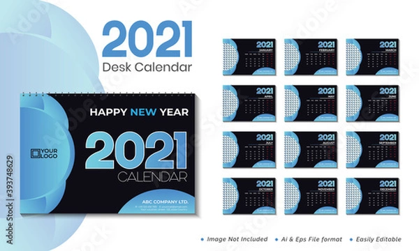 Obraz  2021 Desk calendar Print ready template with blue colour.