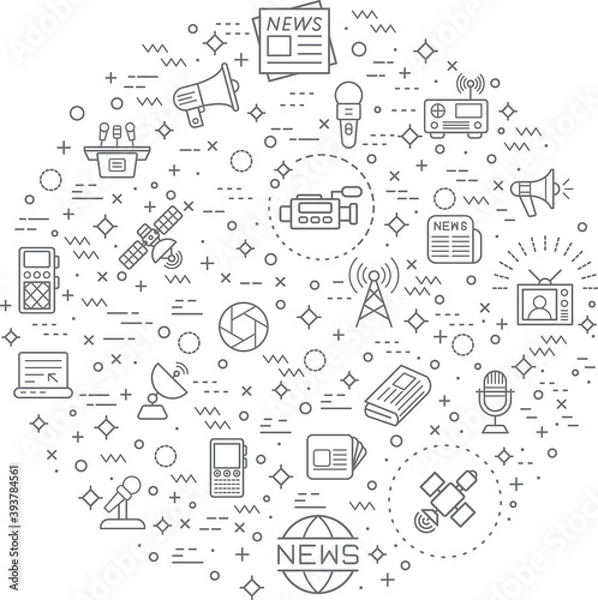 Fototapeta Simple Set of news and journalism Related Vector Line Illustration. Contains such Icons as camera, newspaper, news van, microphone, TV tower, satellite, reporting, media, communication and Other.