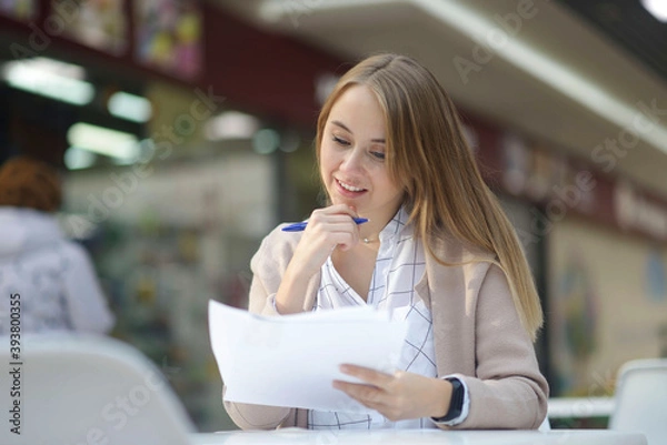 Obraz Reading Documents, Businesswoman Sitting for Desk, Paperwork.