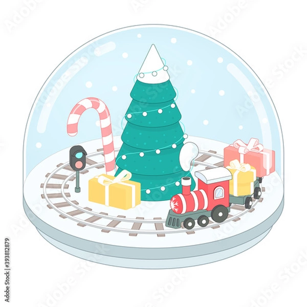 Fototapeta Snowball with winter house, showing, fir tree. Magic transparent ball with christmas tree. New year winter toy souvenir. 3d isometric vector illustration
