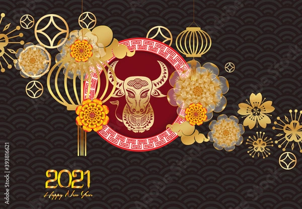 Fototapeta Happy new year 2021 of the ox. Zodiac sign for greetings card, invitation, posters, brochure, calendar, flyers, banners
