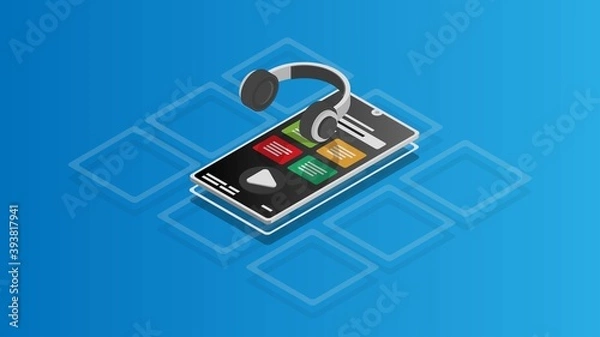 Fototapeta Online Music App in Isometric Concept. Vector Design Illustration. 
