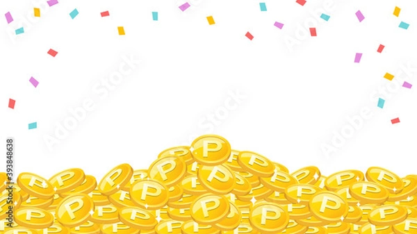 Fototapeta 紙吹雪と山積みになり輝く大量のポイントコインのイラスト背景素材　画面比率16:9