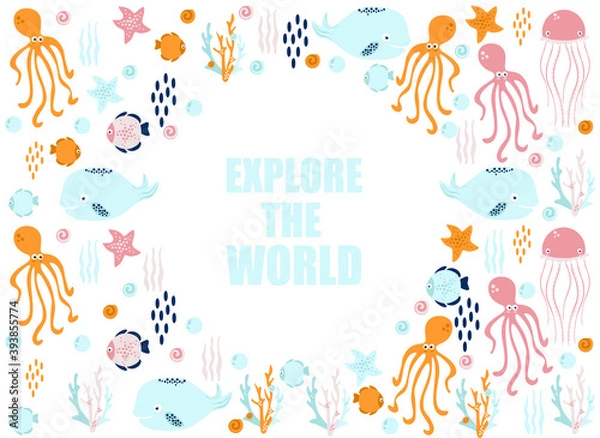 Fototapeta poster of the sea world, vector illustration of fish, whale, jellyfish, squid, stars, seashells, corals