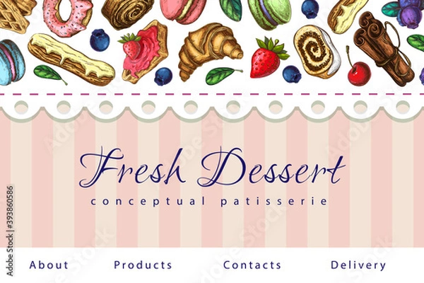 Fototapeta bakery illustration. pastry banner, background, sweets shop landing page template. horizontal border, lace frame with desserts and place for text. for package design, patisserie poster, pastry label.