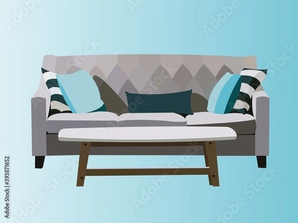 Obraz Vector of a comfortable sofa with small white table on blue background