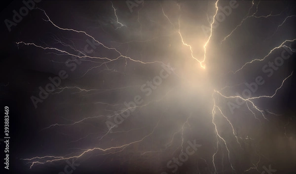Fototapeta bright yellow lightning on blue dark sky