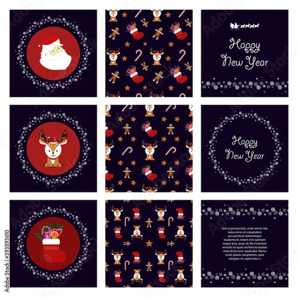 Fototapeta 2021. set of Christmas cards, with a circular pattern in the form of snowflakes and a Christmas boot and a seamless pattern and a deer that can be joined together.  EPS10