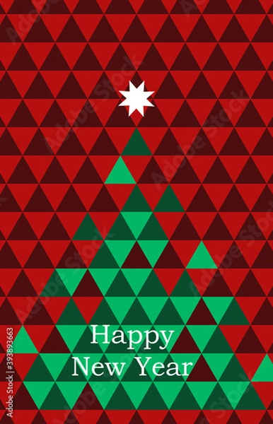 Fototapeta Christmas card made of geometric shapes, triangles. Image of a Christmas tree on a red background. Perfect for banners, postcards, and printing. EPS 10