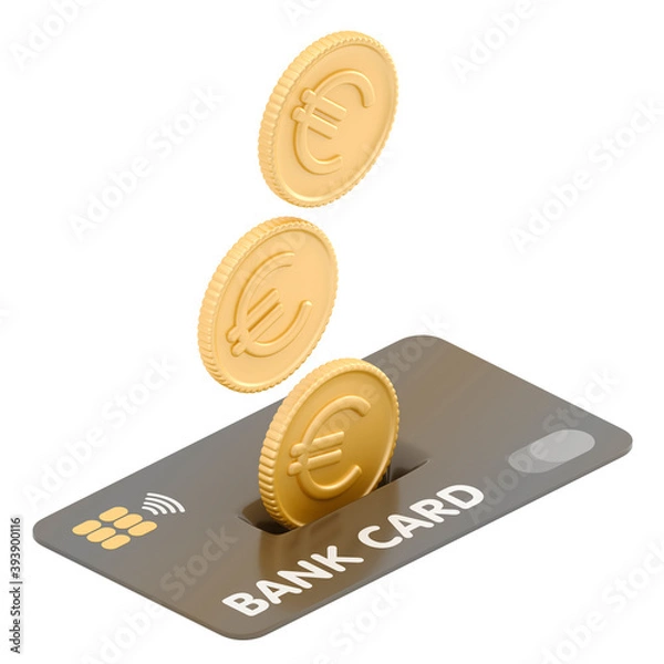 Obraz 3D isometric conceptual illustration of euro coins droping into credit card. The increasing of an account, refund money service, bank account refill. Isolated on white background business concept.

